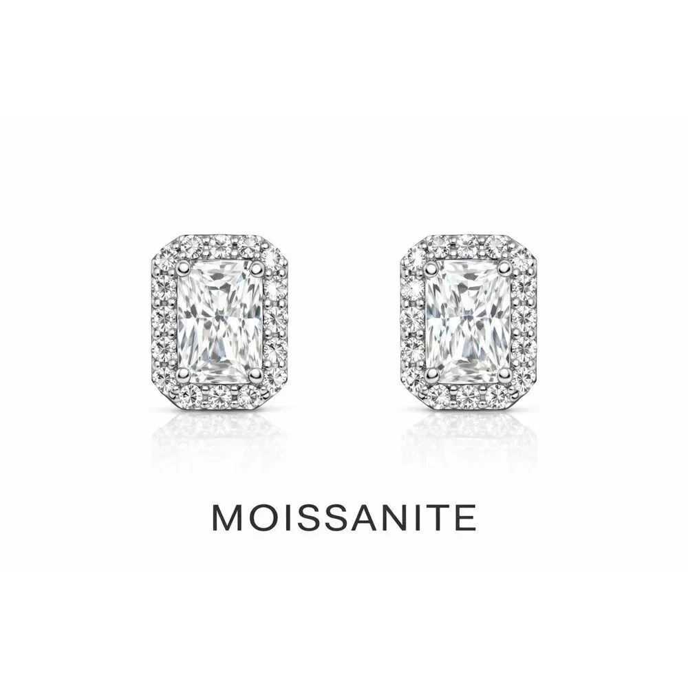Radiant Moissanite Halo Stud Earrings in Silver – Elegant Sparkle Bridal Jewelry